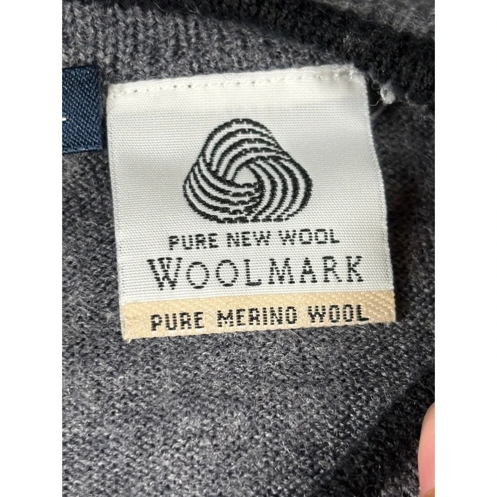 Bossini Mens Large 100% Pure‎ Merino Wool Crewneck Sweater Grey Striped Woolmark